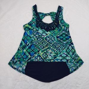 Self Esteem Green Navy Blue High Low Sleeveless Top Boho Pattern Lace Neck Sz L